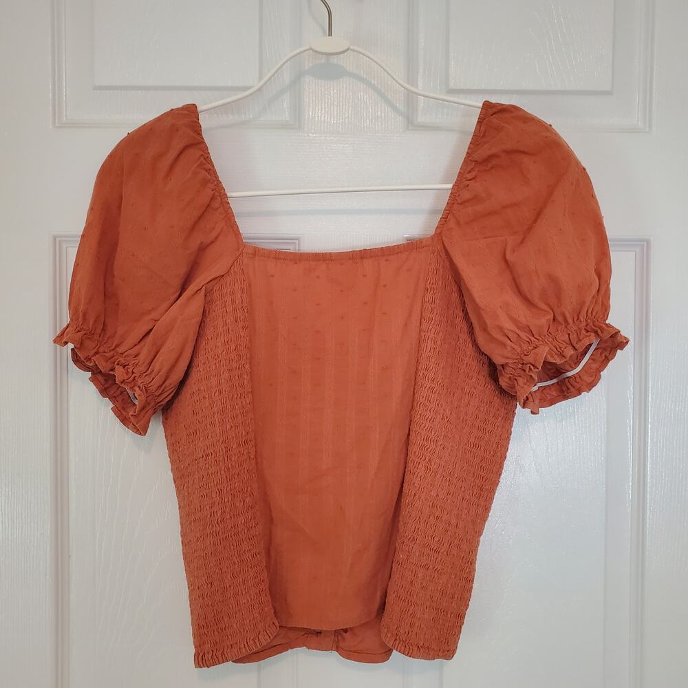 BP. Swiss Dot Ruched Puff Sleeve Top Rust Orange Size M - Picture 5 of 9